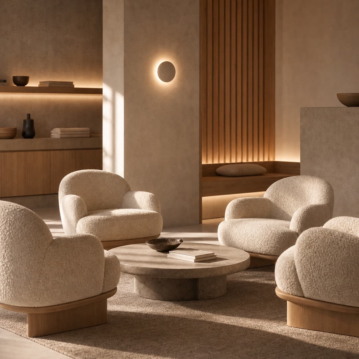 Warme lounge van Bambu Club met zachte stoelen en een stenen tafel